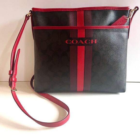 COACH Signature Leather Racing Stripe, Brown and Red, AUTHENTIC Crossbody - Picture 10 of 16